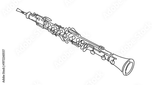 Black and white line drawing of a musical oboe, a sophisticated woodwind instrument essential for classical compositions and concert performances, showcasing its intricate details and elegant form