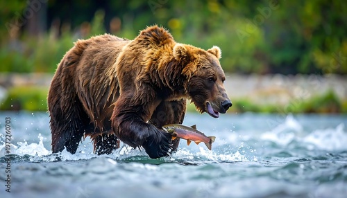 Brown bear wading in shallow water, a salmon in its mouth against a green forest backdrop