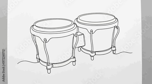 Minimalist continuous line art drawing of two bongo drums, elegantly capturing the spirit of percussion and rhythmic music in a simple, artistic style
