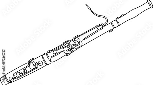 Detailed line art of a bassoon, a sophisticated woodwind instrument known for its deep, resonant tones, essential for classical orchestral and chamber music performances