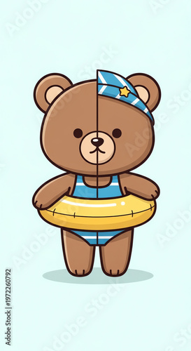 A cartoon brown teddy bear wearing a blue swimsuit and headband holds a yellow inflatable ring on a light blue background.
