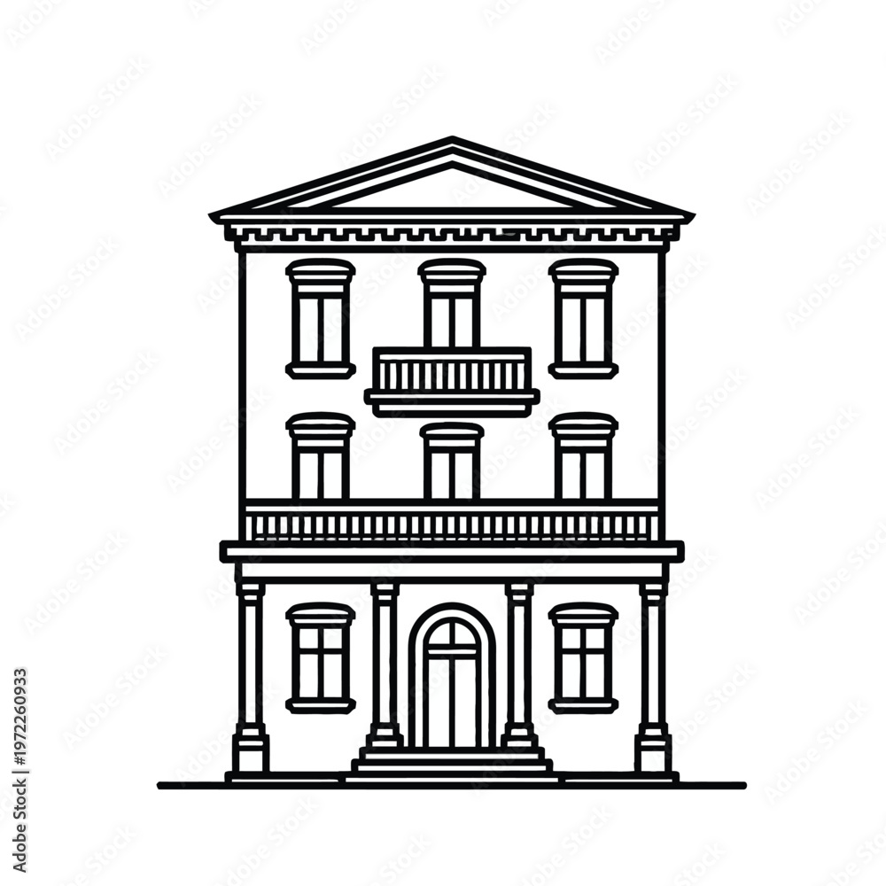 Fototapeta premium A simple line drawing of a classic two-story house with columns and a balcony