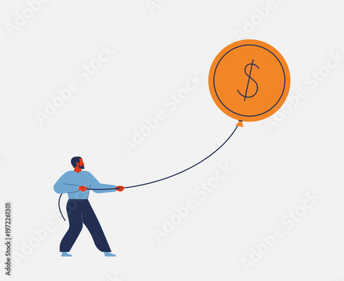 man holds coin as balloon symbol of Inflation. Business person struggles to hold a balloon with a US dollar sign on it. price rise, money value decrease concept. vector illustration