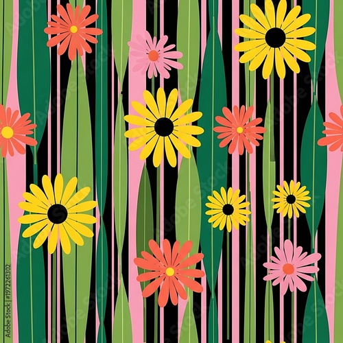 Retro floral pattern with vibrant daisies on a striped background