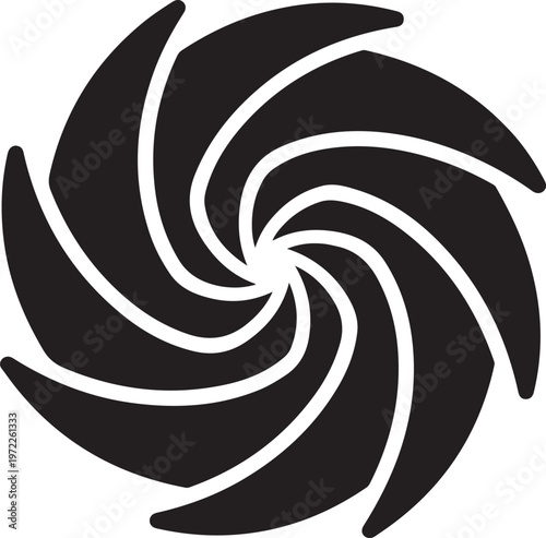 Black and white circular vortex with curved radiating blades forming a spiral pattern