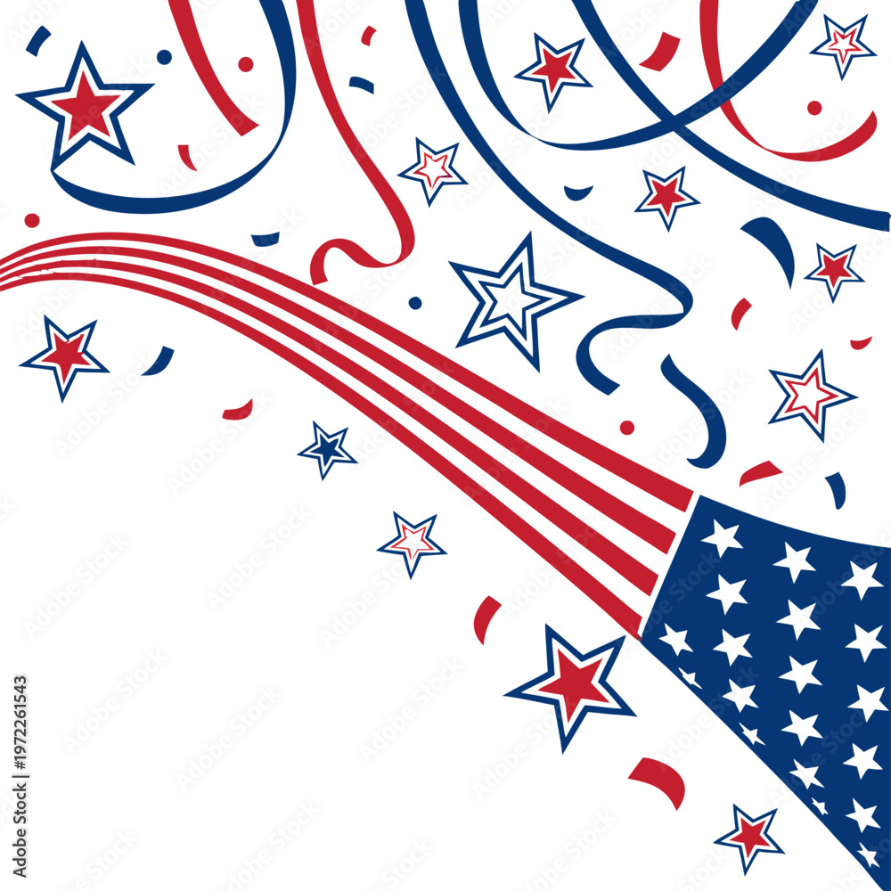 Obraz premium Festive red white and blue patriotic design with stars, stripes, confetti, and ribbons on a white background for celebrations and national holidays, national holiday, american flag, independence day