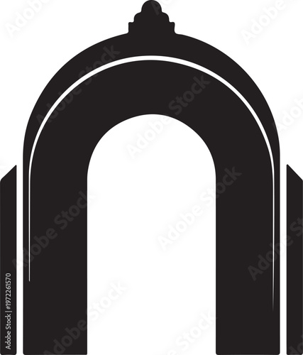 Black silhouette of a rounded archway with a central dome finial on a white background