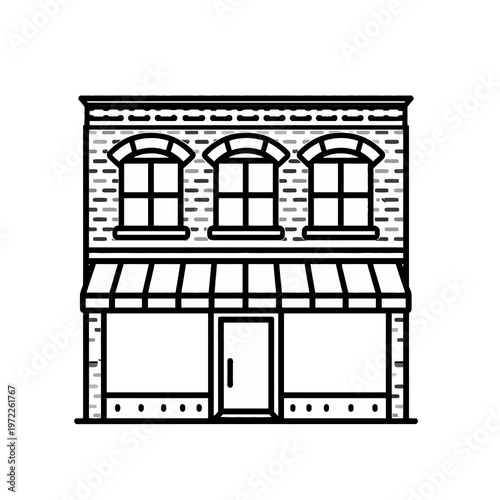 A simple black and white illustration of a two-story brick building with a storefront and awning