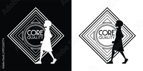 Striking black and white vector logo featuring an art deco diamond frame surrounding a determined woman walking confidently toward progress.