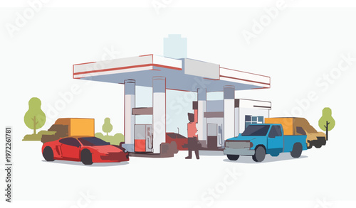 Cartoon Gasoline Station Vector Illustration with Smiling Attendant Refueling Cars at Diesel and Petrol Pumps Isolated on White