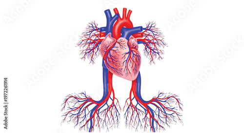 Detailed anatomical illustration of a human heart with branching arteries and veins on a white background