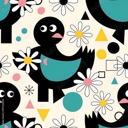 Whimsical Black Bird Character with Daisy Flowers and Geometric Shapes Pattern