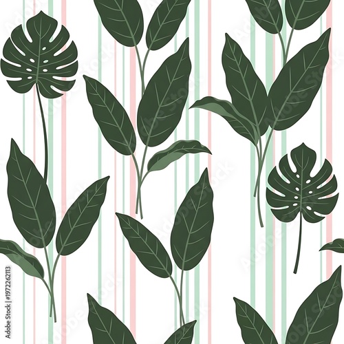 Seamless tropical pattern with monstera leaves and various foliage on a striped background, ideal for textile or wallpaper design