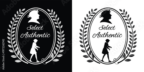 Black and white silhouette vector logos featuring a laurel wreath profile portrait and walking child with select authentic text.