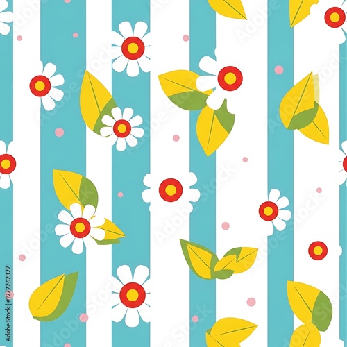 Cheerful Seamless Spring Floral Pattern with White Daisies, Green Foliage, and Pink Speckles on a Striped Backdrop