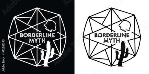Geometric logo design featuring a stylized skull cactus and the text borderline myth inside an abstract shape