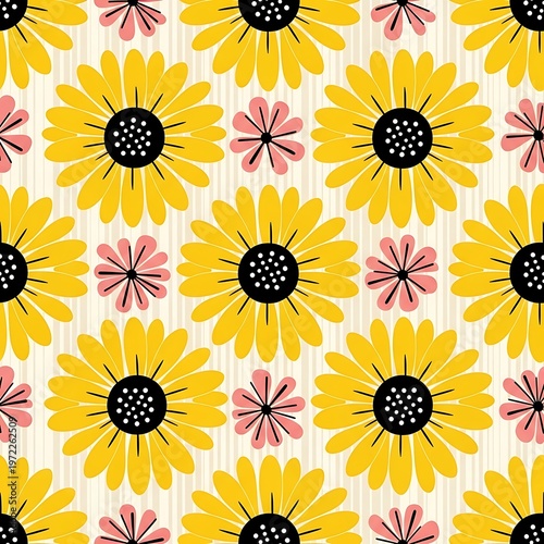 Sunny floral pattern evoking a joyful and vibrant springtime mood with playful sunflowers and delicate pink blossoms