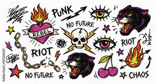 Punk Skull Doodle with Rebel Text and Tattoo Elements