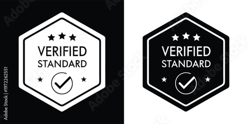 Black and white verified standard hexagon badges with checkmark icons and stars symbolizing quality assurance and official approval for products or services.
