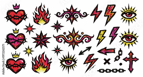 Colorful Flame and Lightning Tattoo Doodle Elements Set