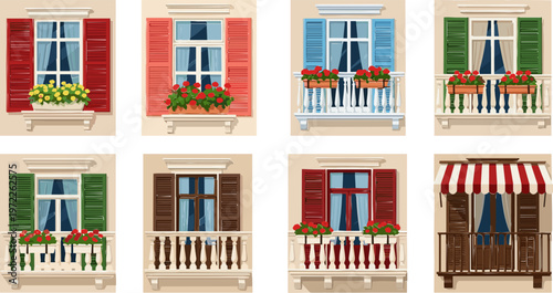 Set of Colorful Window Balconies with Shutters, Flower Boxes, and Awnings for Home Architecture, Vintage Design, and Residential Graphics
