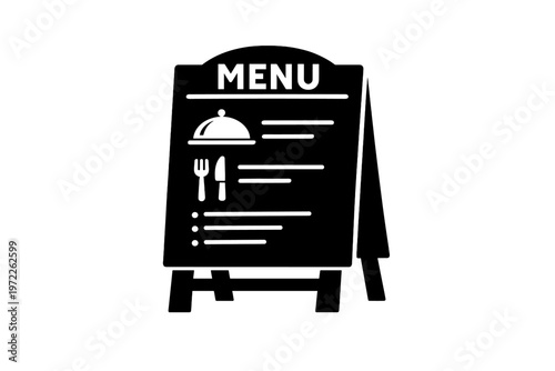 Black and white chalkboard menu stand with restaurant icons on easel