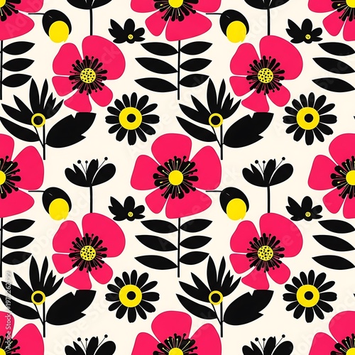 Seamless pattern of stylized poppy flowers and leaves in a vibrant color palette of pink, yellow, and black on a cream background
