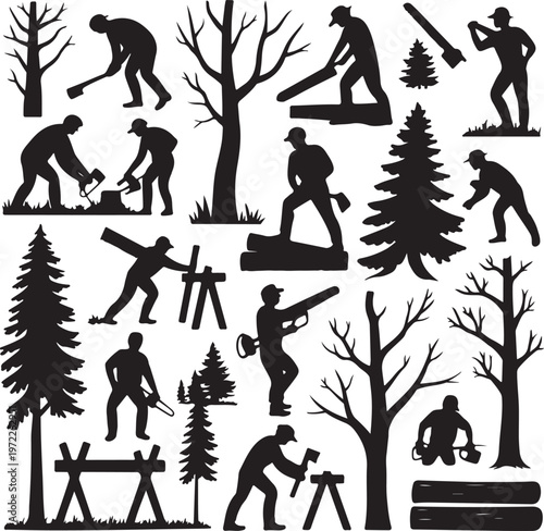 Silhouettes of lumberjacks engaging in various forestry tasks