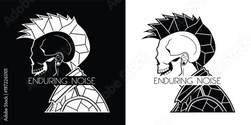 Stylized profile illustration of a human skull with a punk rock mohawk haircut, alongside the bold textual slogan 'ENDURING NOISE' in a stark monochrome vector design.