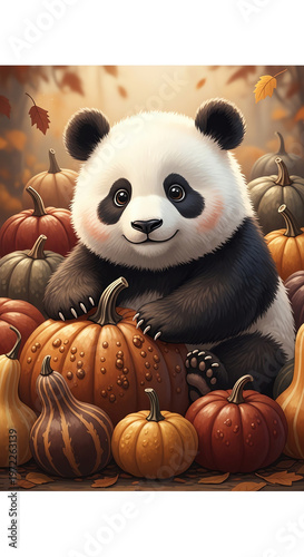 A panda bear sitting amidst a pile of colorful pumpkins and gourds in an autumnal setting with warm lighting and a soft focus.
