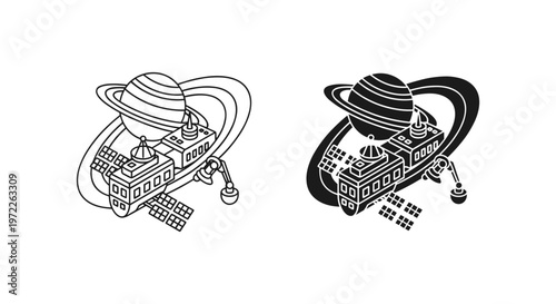 Isometric space station vector icons, futuristic satellite orbiting Saturn planet, black and white line art of galactic research base