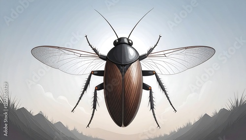 Brown cockroach with translucent wings against a blurred landscape in shades of grey and brown