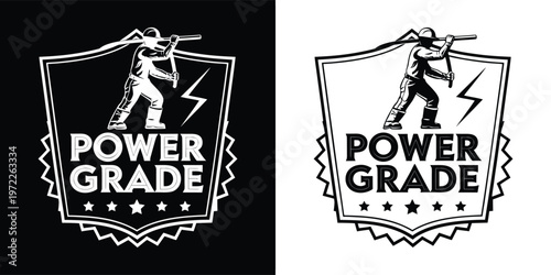 Electrician lineman logo badge design featuring a worker carrying utility lines within a shield shape representing strength and safety.
