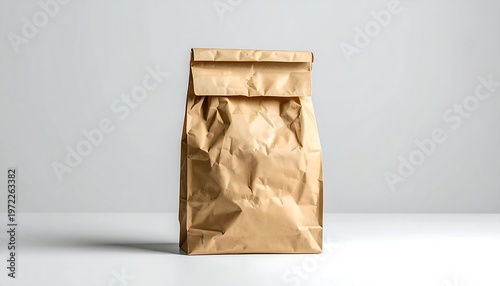 Brown crumpled paper bag standing on a white surface against a plain light gray background