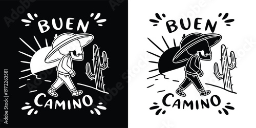 Stylized skeleton character wearing a wide-brimmed sombrero, walking purposefully along a barren desert path with a tall cactus and a prominent sun, captioned "Buen Camino".