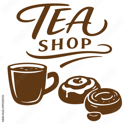 Tea shop mug with cinnamon rolls sweet pastry dessert illustration
