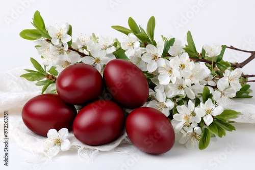 Red Easter eggs with spring cherry blossoms