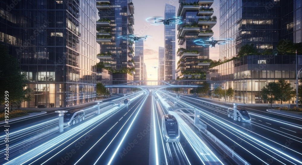 Naklejka premium Futuristic cityscape with sleek skyscrapers and neon lit road