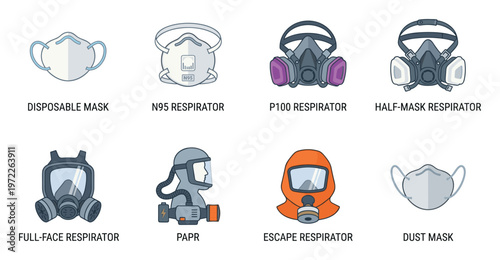 Collection of diverse respiratory protection masks and respirators for various applications