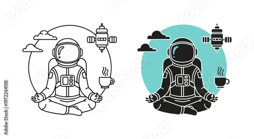 Minimalist astronaut meditating in lotus pose, zen spaceman with coffee cup and satellite icons, modern line art and flat vector illustration set