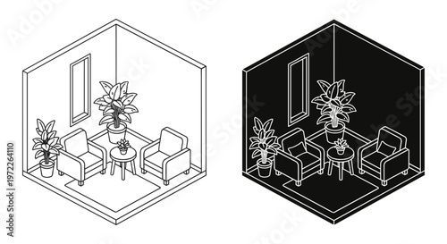 Isometric living room interior vector set, modern lounge furniture with armchairs and potted plants, minimalist home office line art icons