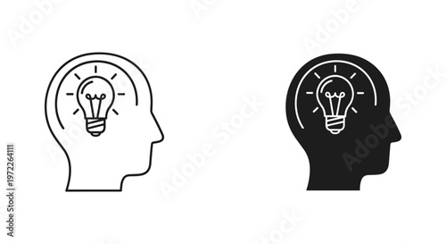 Minimalist human head profile with light bulb icon, creative thinking and innovation concept vector, brainstorming and mental insight symbol set