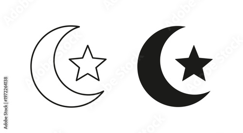 Islamic crescent moon and star icons, black silhouette and outline religious symbols, 2 vector elements for Ramadan and Eid holiday design
