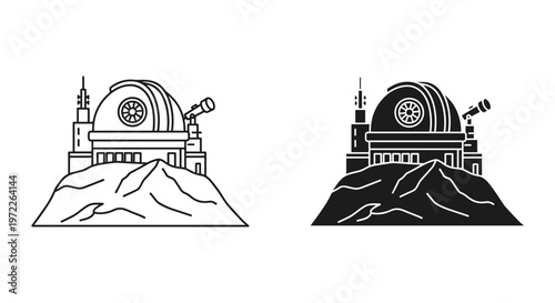Astronomical observatory icons on mountain peak, telescope dome station vector set, science research facility in line and silhouette styles
