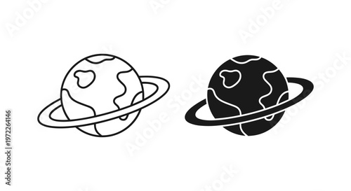 Minimalist planet icons with rings, black and white celestial globe vector set, simple earth and saturn style astronomy symbols for web design