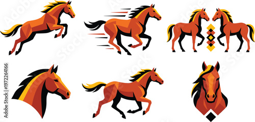 Set of stylized horse illustrations in various poses