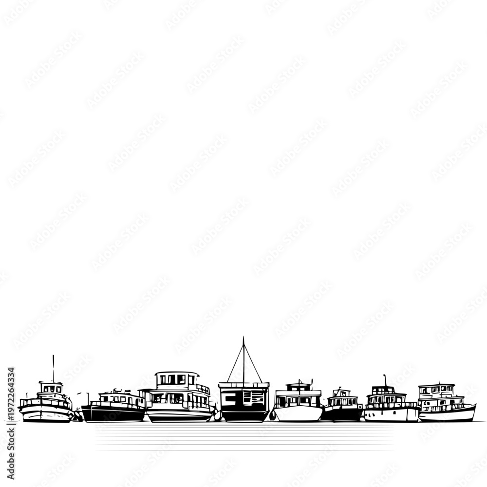 Fototapeta premium Minimalist black and white line art illustration featuring a row of various fishing boats anchored together in calm waters creating a serene coastal nautical atmosphere