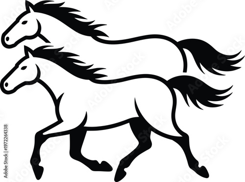 Two black horse silhouettes running side by side vector illustration the horses are shown in mid stride conveying a sense of motion and power animal art