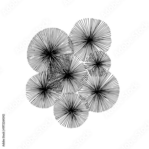 Abstract hand drawn ink illustration featuring multiple circular bursting sunburst patterns with intricate fine lines isolated on a crisp white background for artistic design