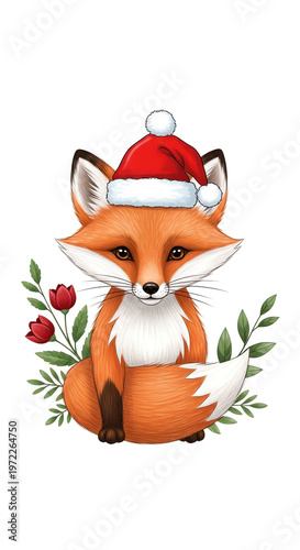 Illustration of a cute cartoon fox wearing a Santa hat with red flowers and green leaves on a white background.